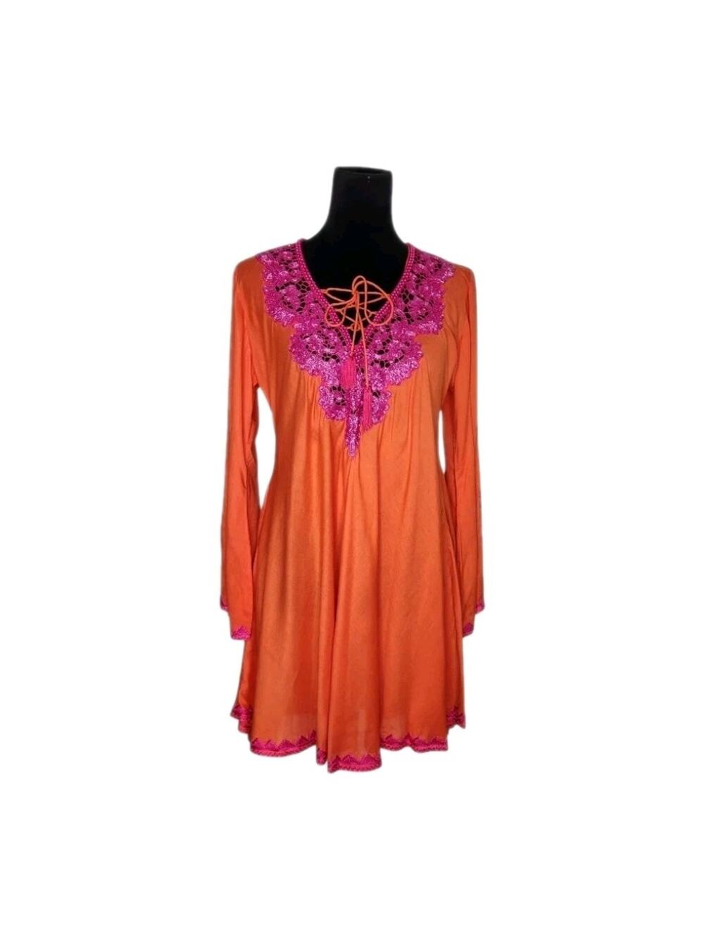 Jules Reid Orange Pink Beaded Embroidered Long Sleeve Mini Kaftan Dress Size M